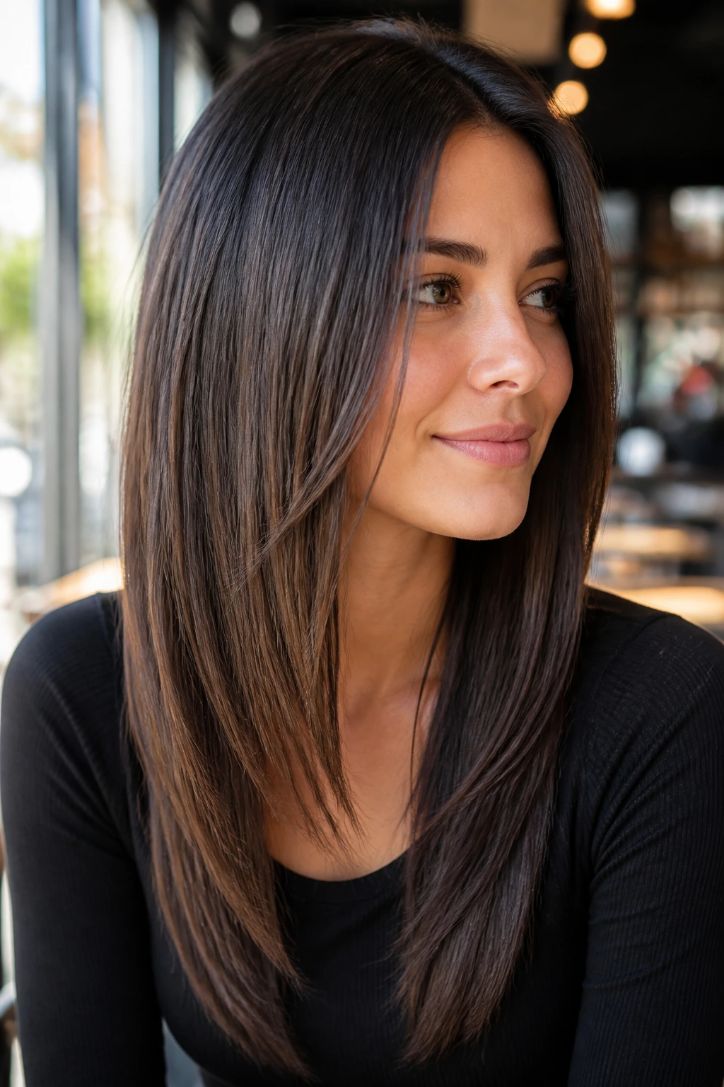 Portrait of a woman with an A-line front long cut.