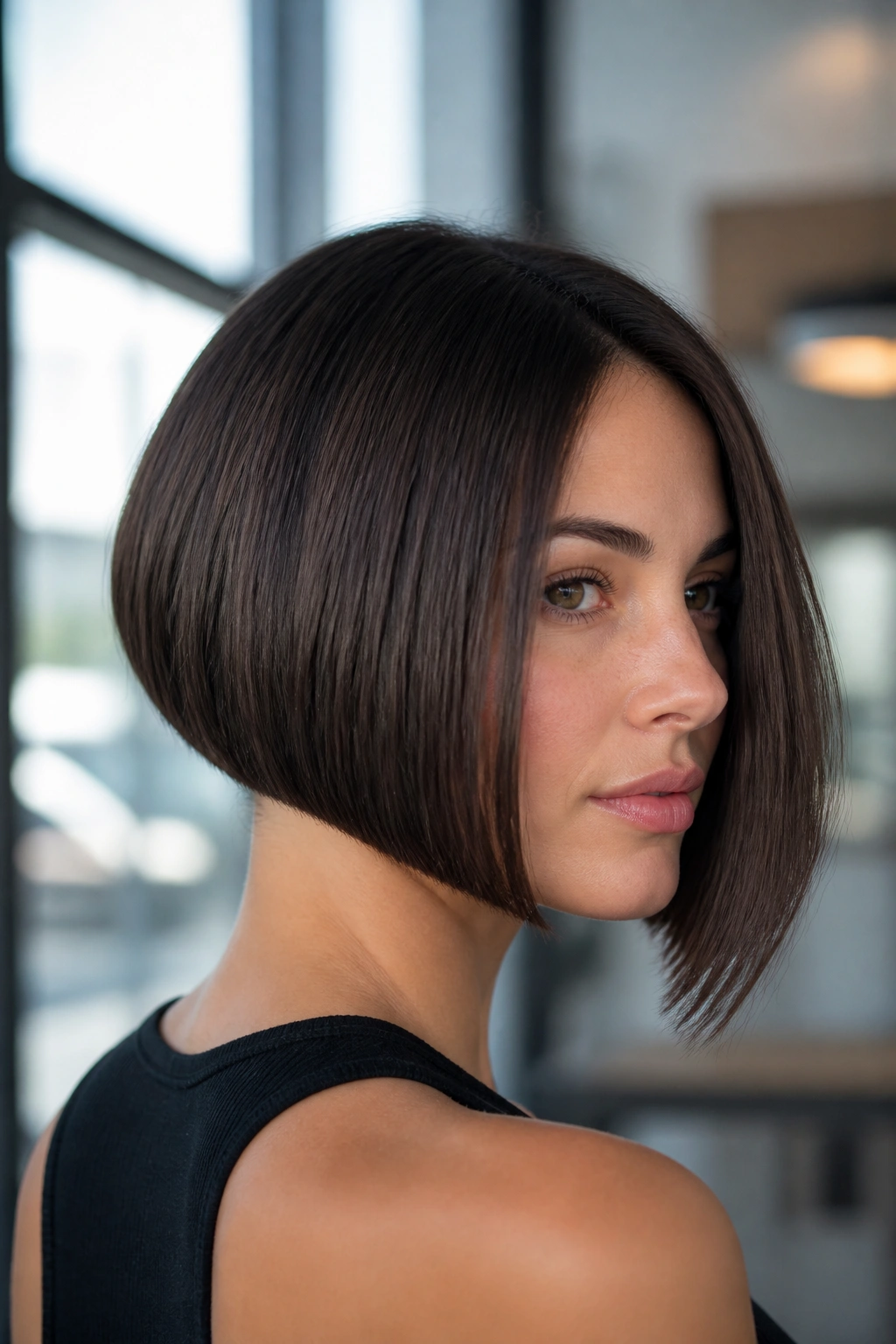Close-up portrait of a real woman with A-Line Inverted Bob with Minimal Graduation in a modern interior.