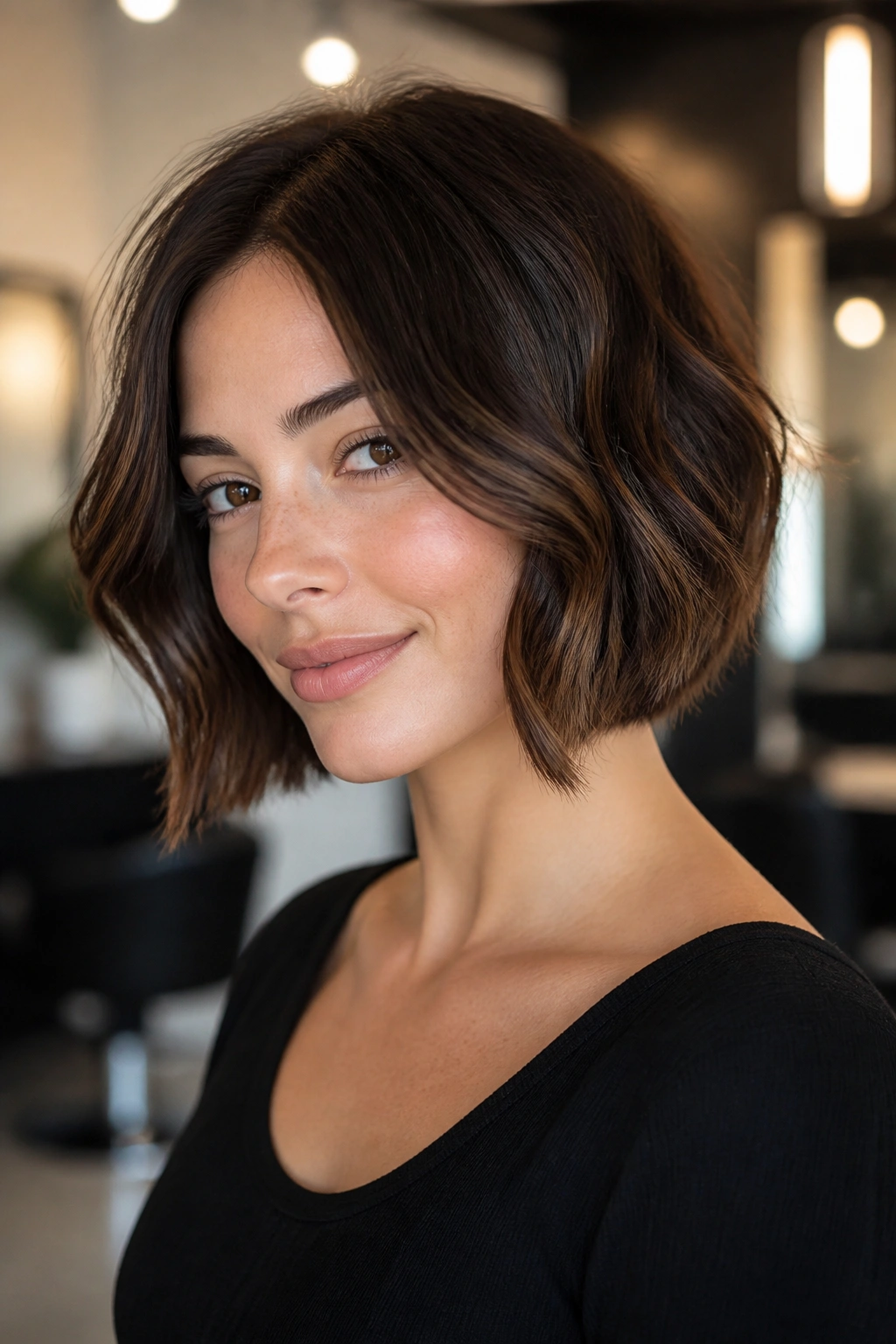 Portrait of a real woman with an A-line bob skimming the jaw and soft waves