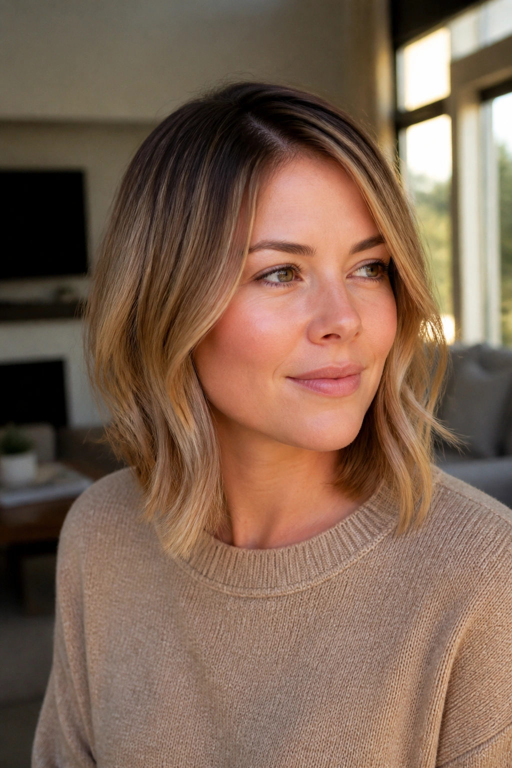 Real woman with angled A-line lob and caramel blonde depth.