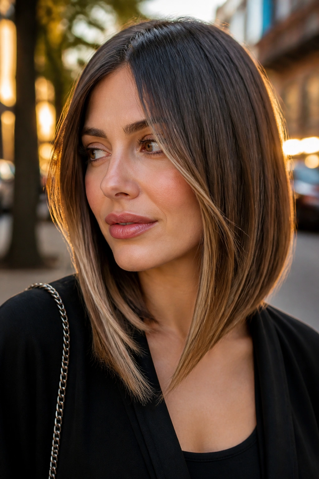 Real woman with A-line lob and face-framing slices in close portrait