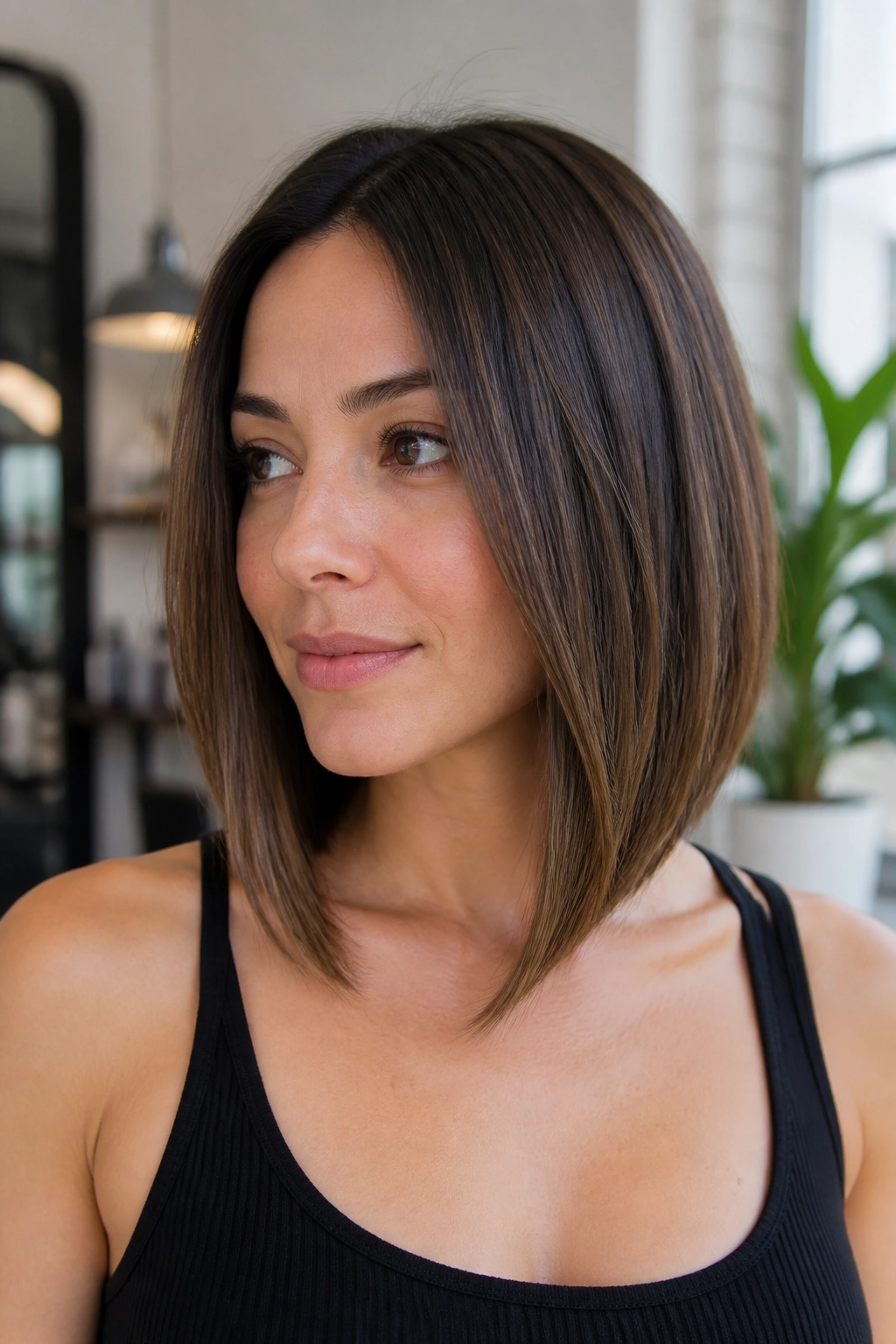 Three-quarter portrait of a real woman with an A-line lob