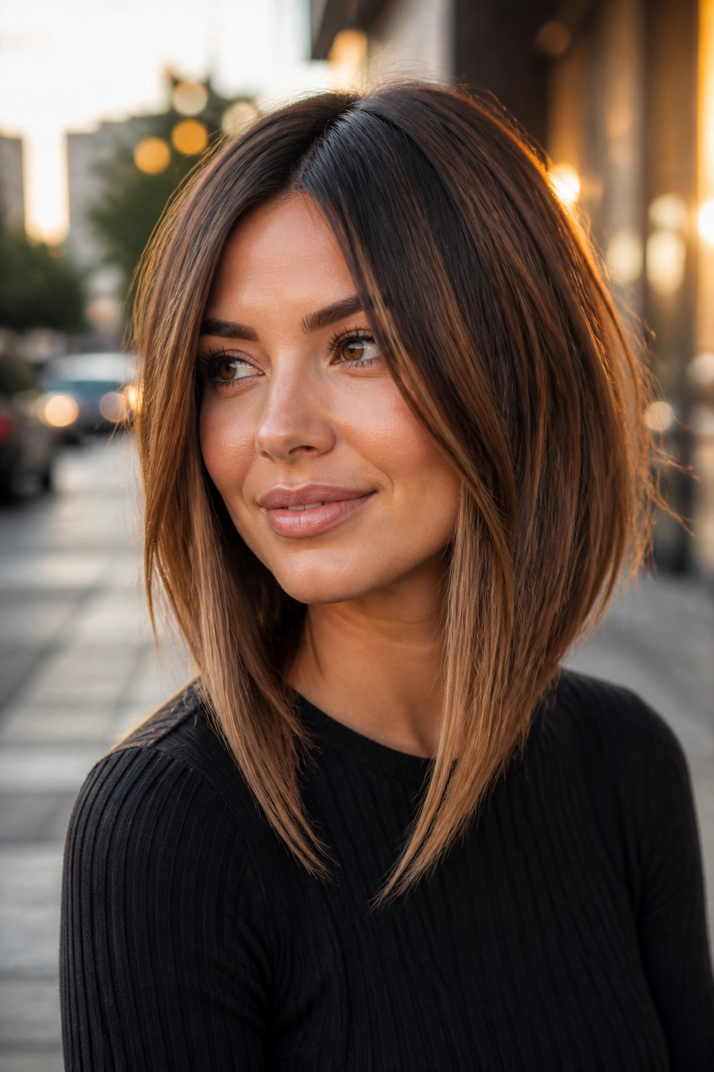Portrait of a real woman with A-line lob and longer front panels
