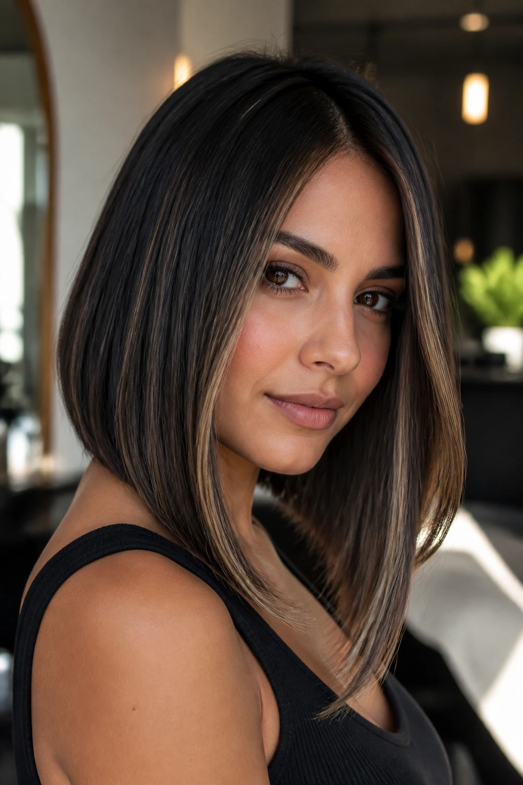 Real woman with black A-line lob and blonde micro-highlights