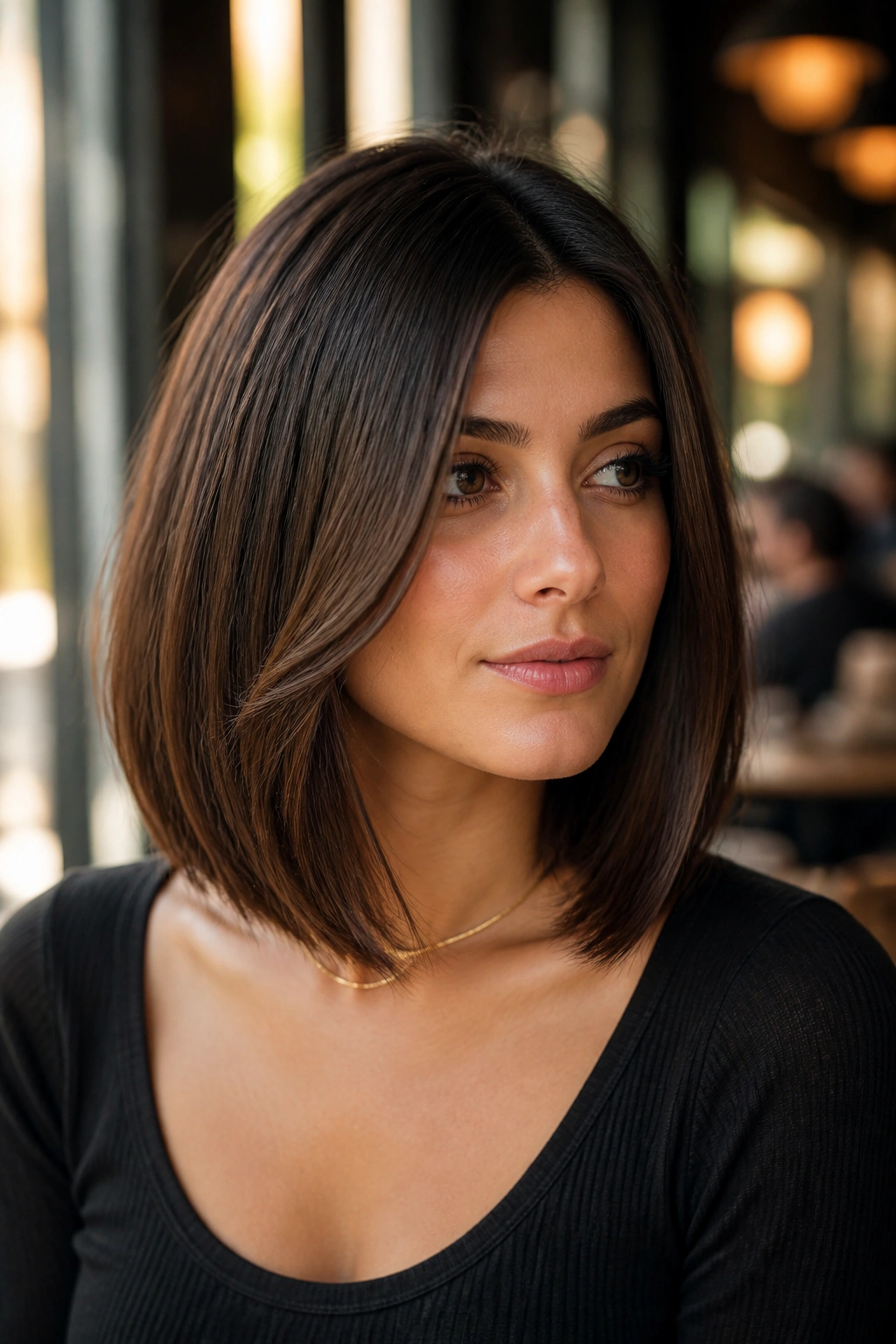 Brunette woman with A-line lob hugging the jaw in cafe light