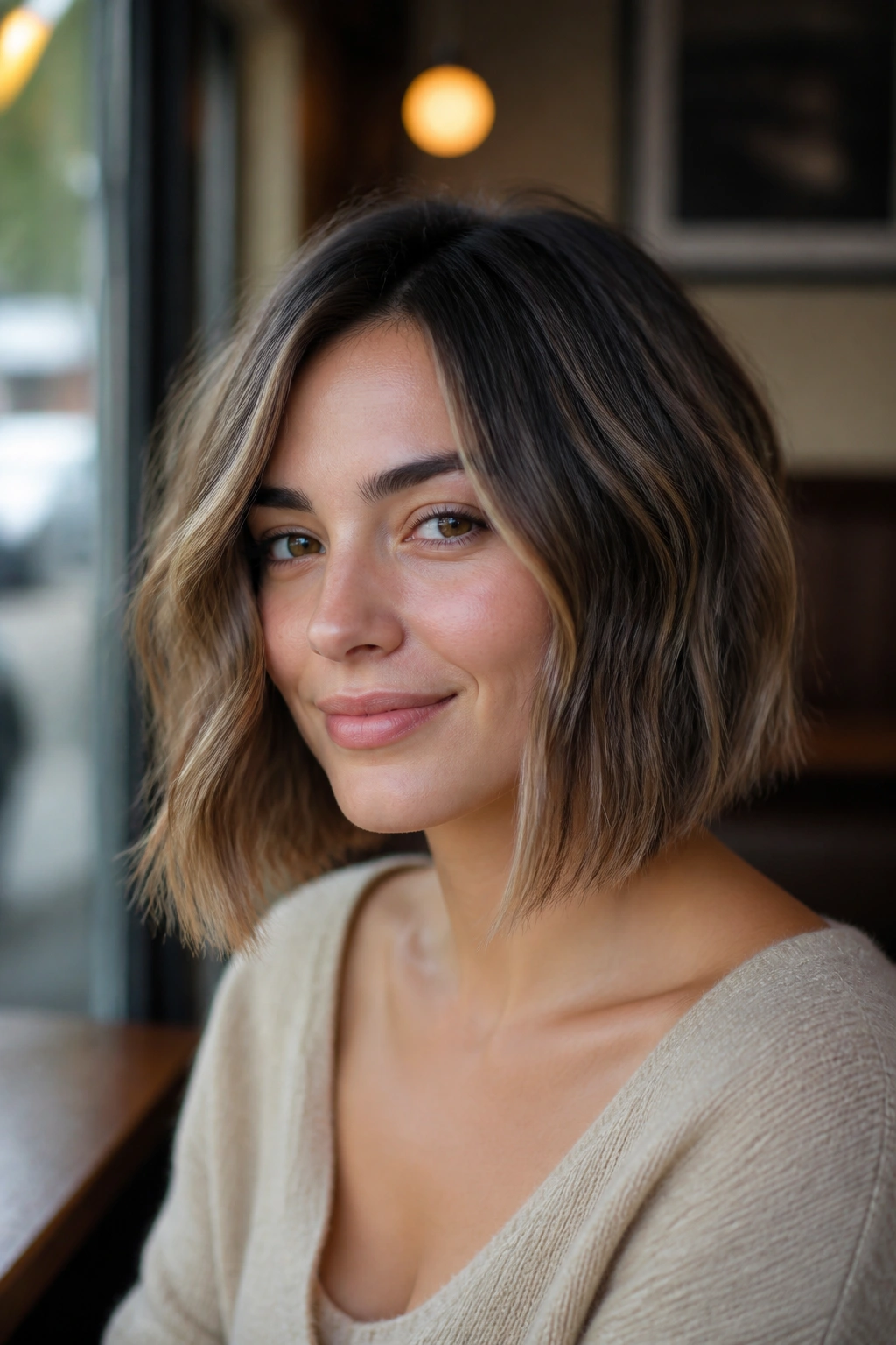 Portrait of a real woman with an A-line wavy lob and subtle angle by a cafe window.