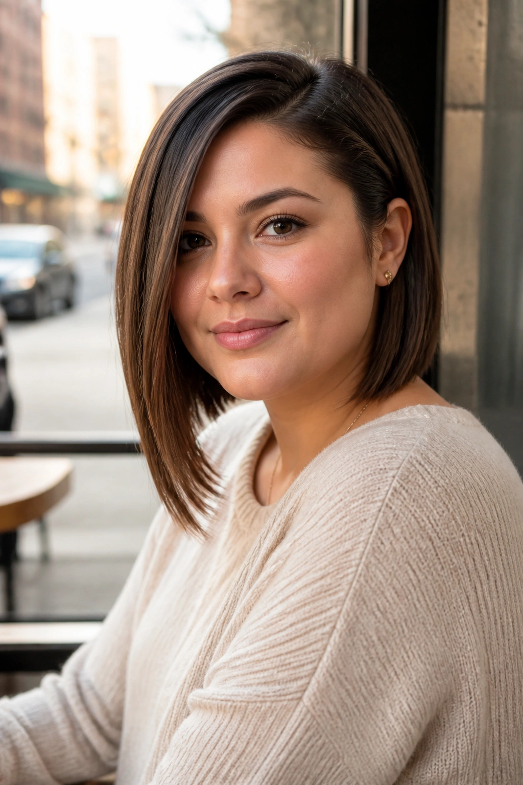 Close-up of real woman with A-line lob tucked side