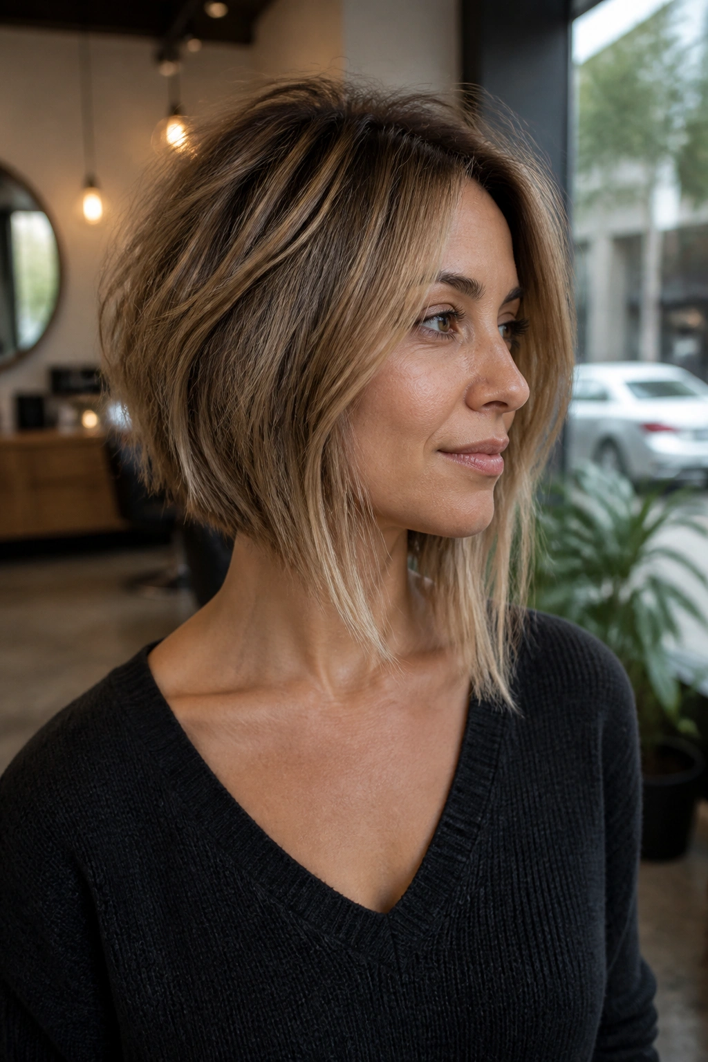 Close-up of a real woman with an A-line shag bob and longer front in a salon