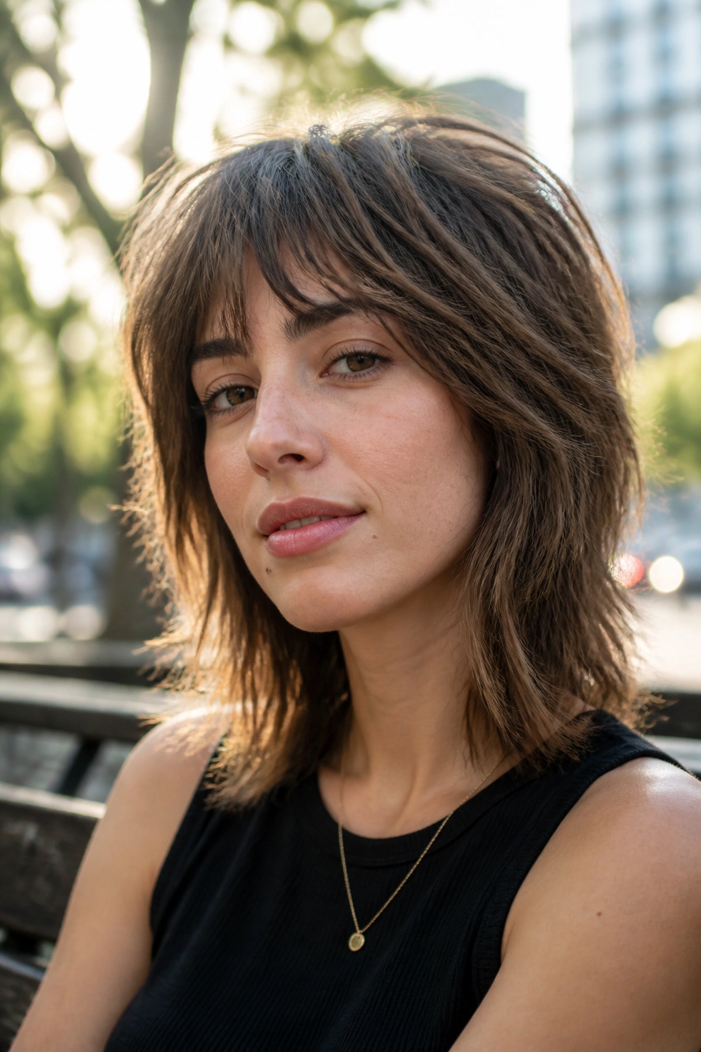 Portrait of a woman with tousled shag and slight A-line