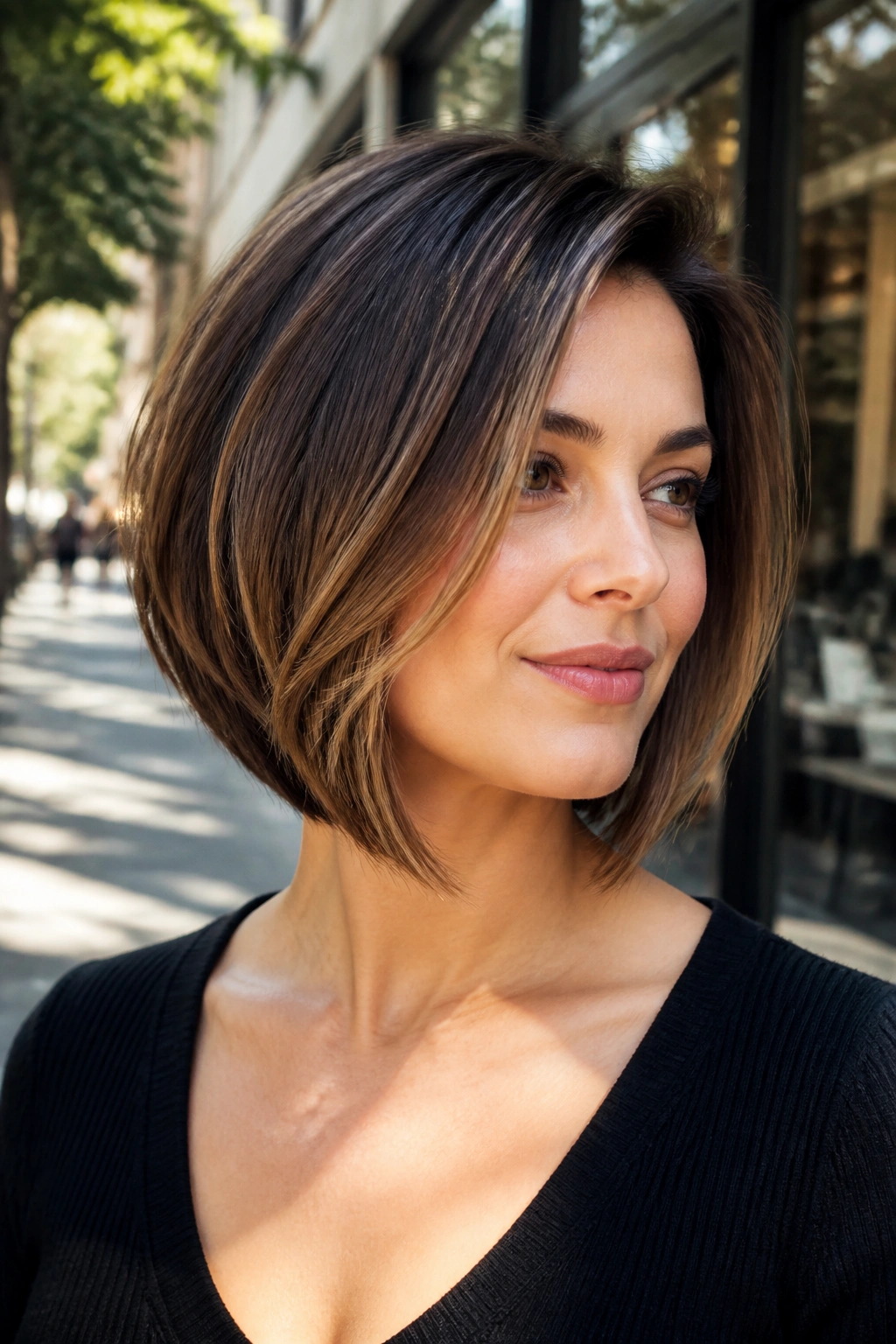 Real woman with A-line walnut bob and subtle balayage in afternoon sun