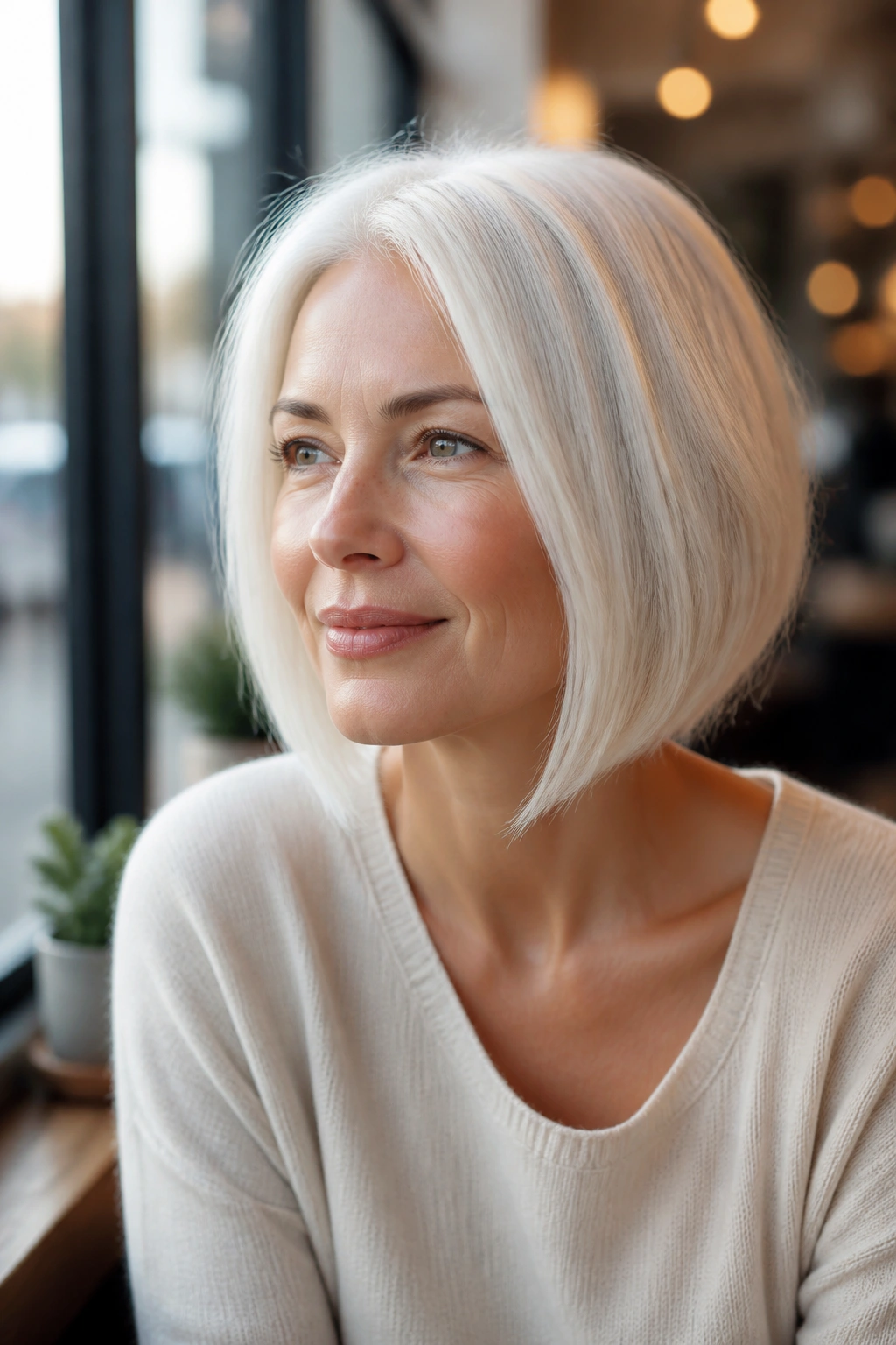 Medium close-up of a woman with a soft A-line white bob at a cafe window