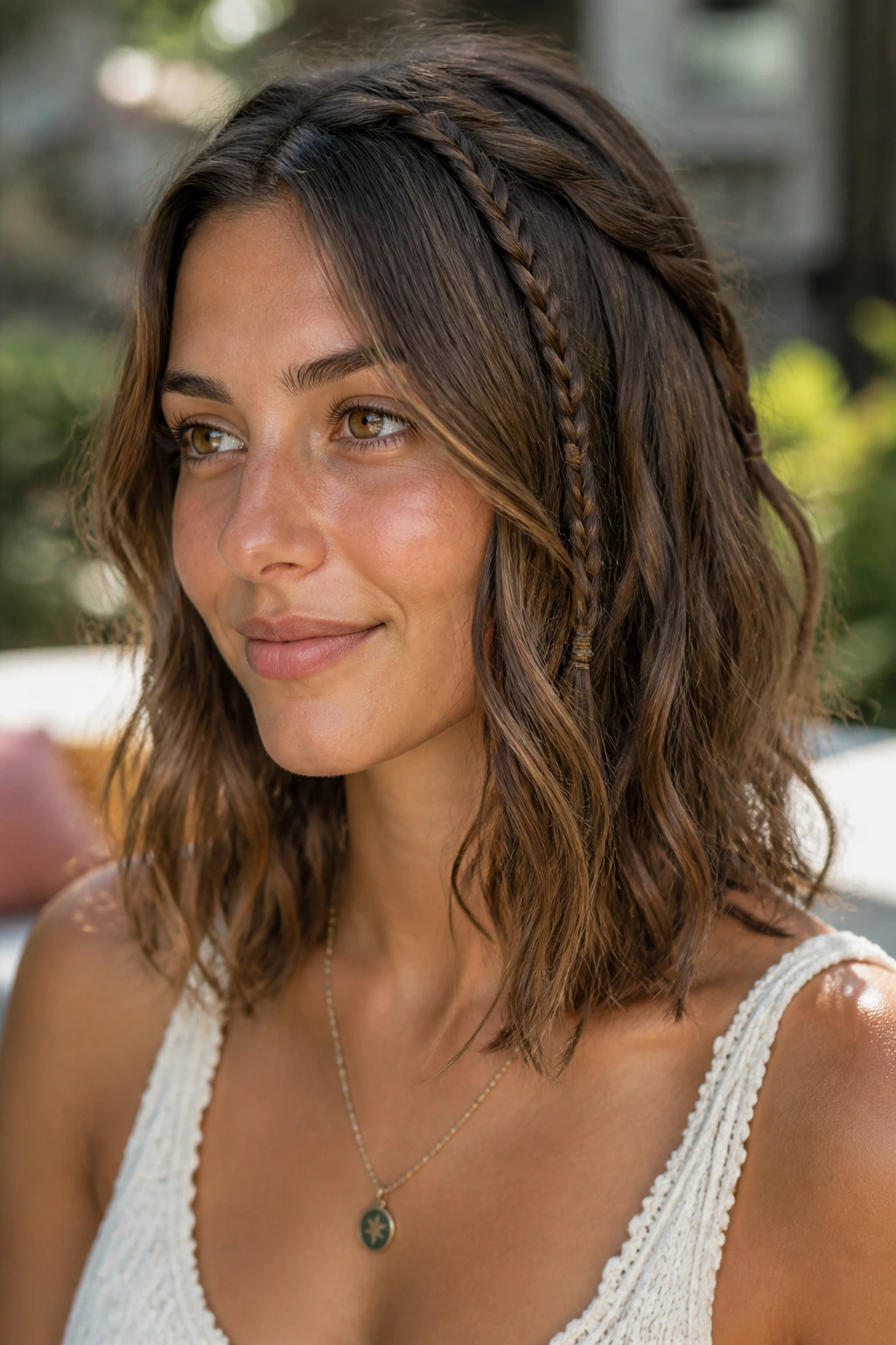 Portrait of a woman with small accent braids at temples and crown with loose waves