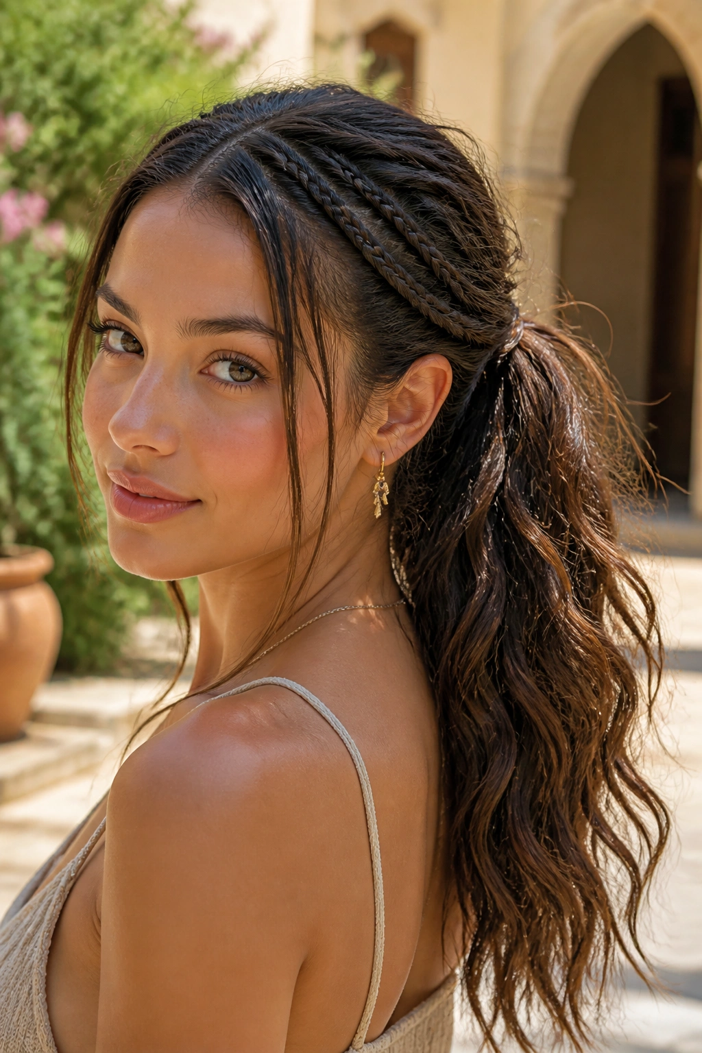 Close-up of a woman with accent braids and a wavy ponytail