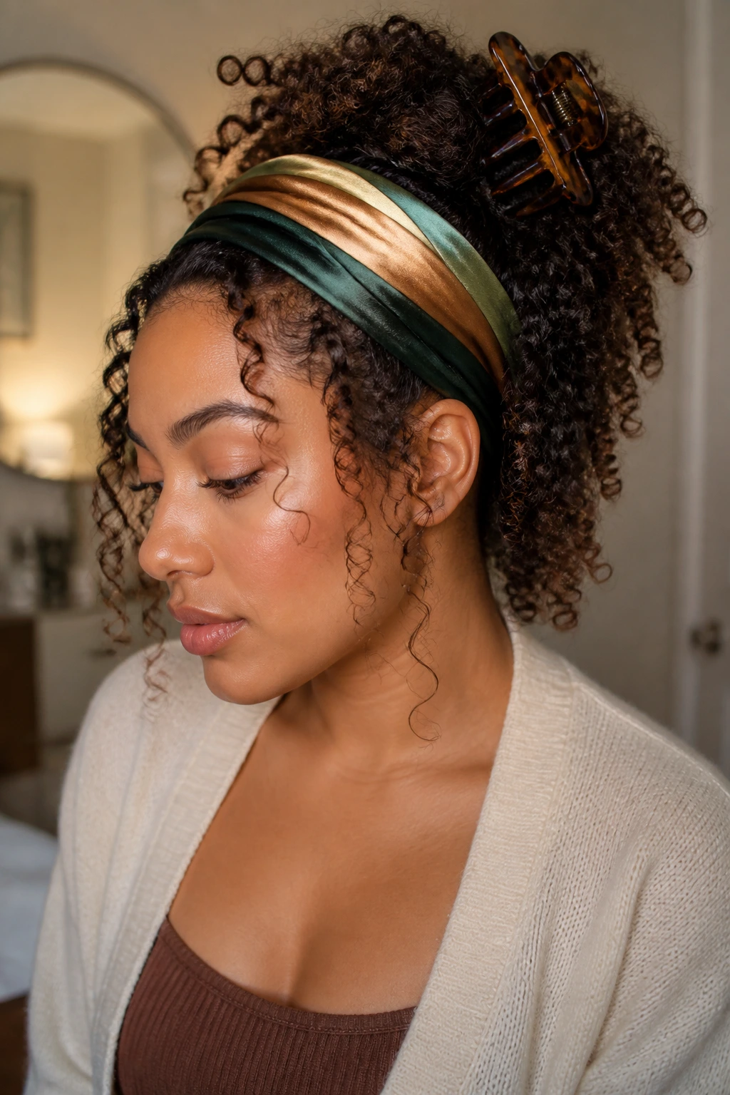 Real person with curly hair wearing satin headband and claw clip