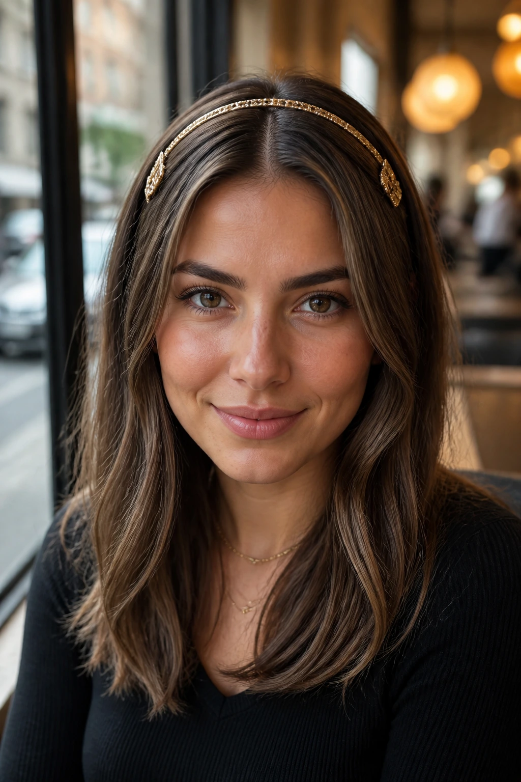 Portrait of a real woman with a middle part and gold headband with clips