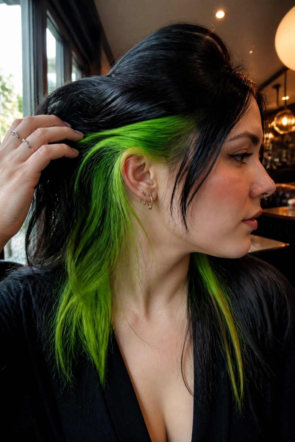 Portrait of a real person showing acid green underlayer peeking through dark top layer