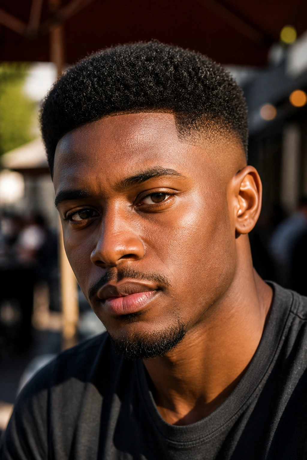 Close-up of man with short afro fade and rounded top.