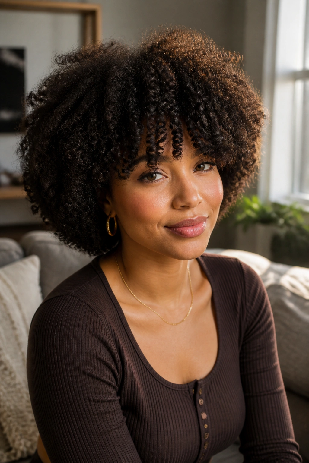 Close-up portrait of a woman with rounded Afro fringe and soft volume, curls framing the forehead