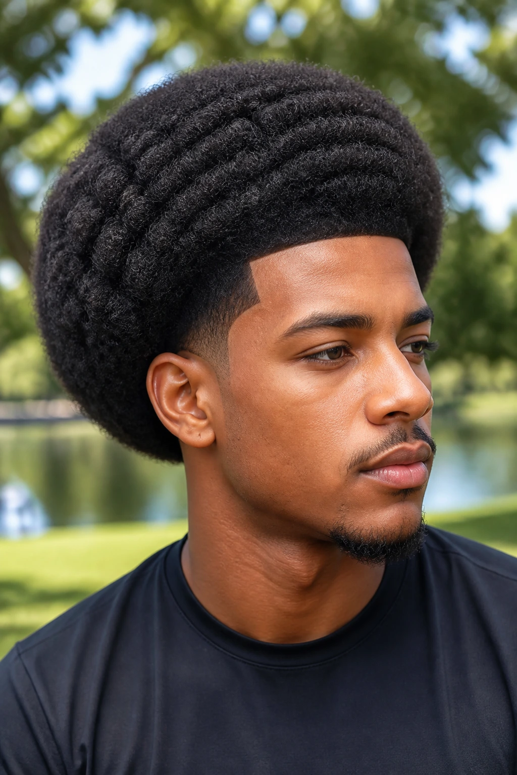 Close-up of a man with a rounded afro and crisp shape-up