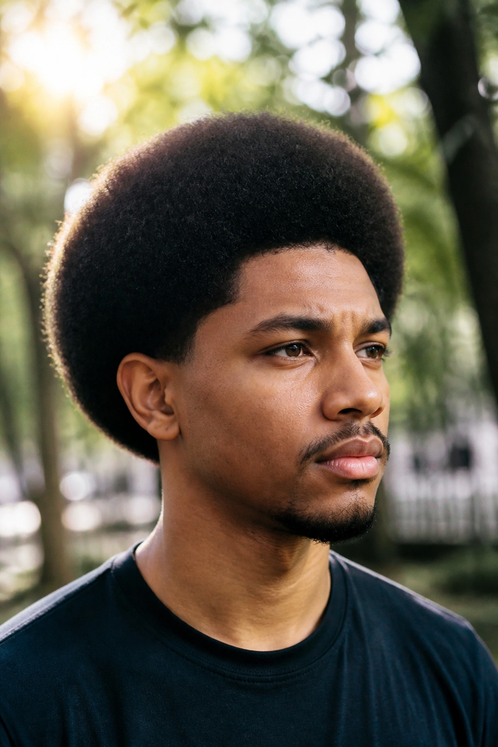 Close-up portrait of a man with a rounded Afro hairstyle in an outdoor park
