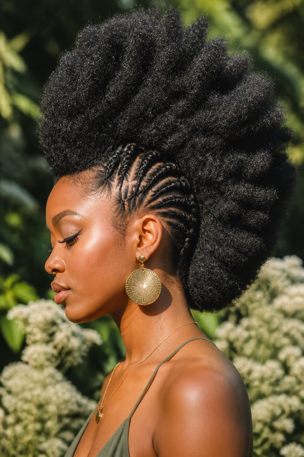 Close-up of a woman with voluminous afro-textured mohawk in a garden setting.