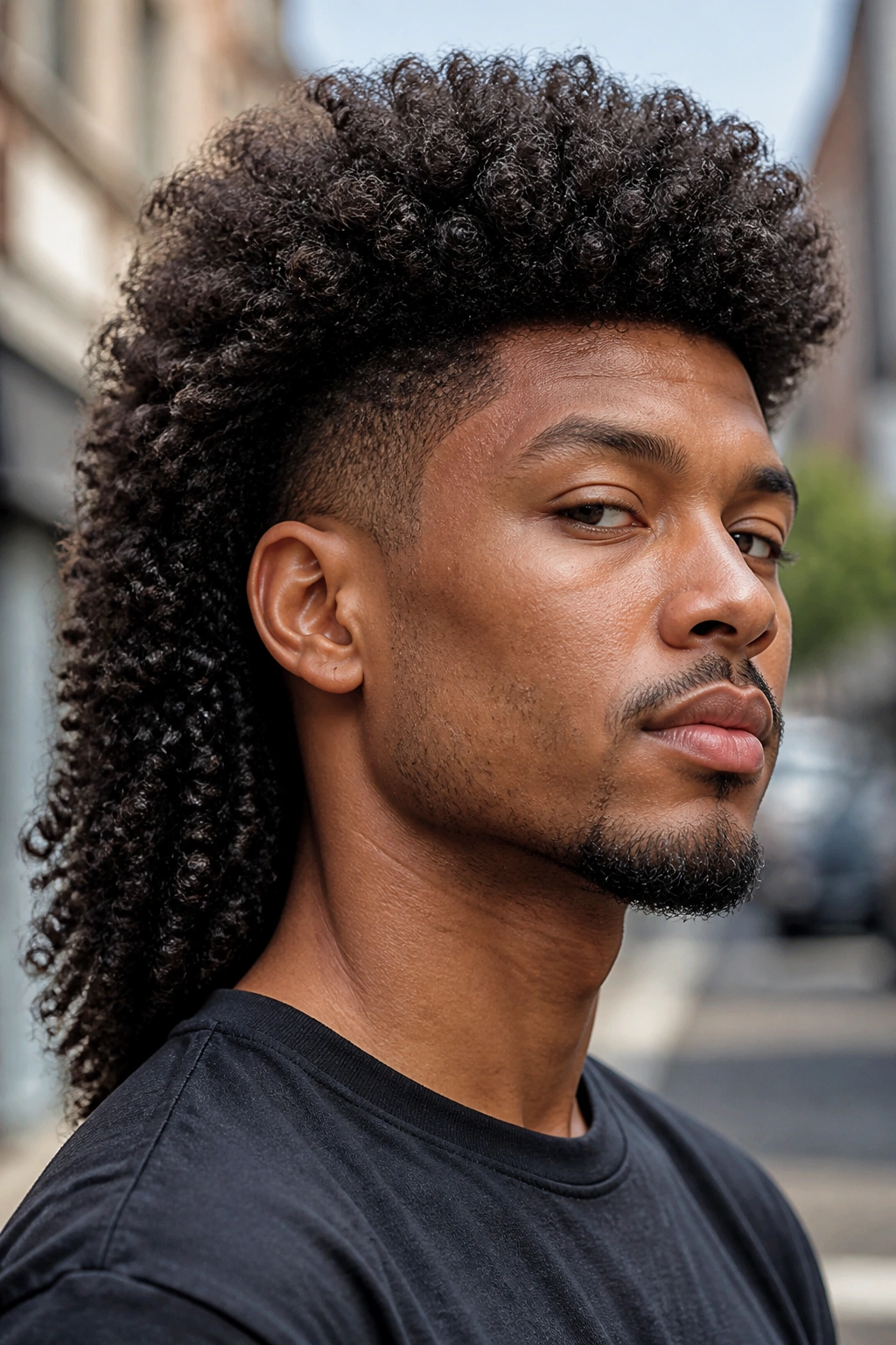 Close-up of a man with an Afro mullet on coily hair in natural light