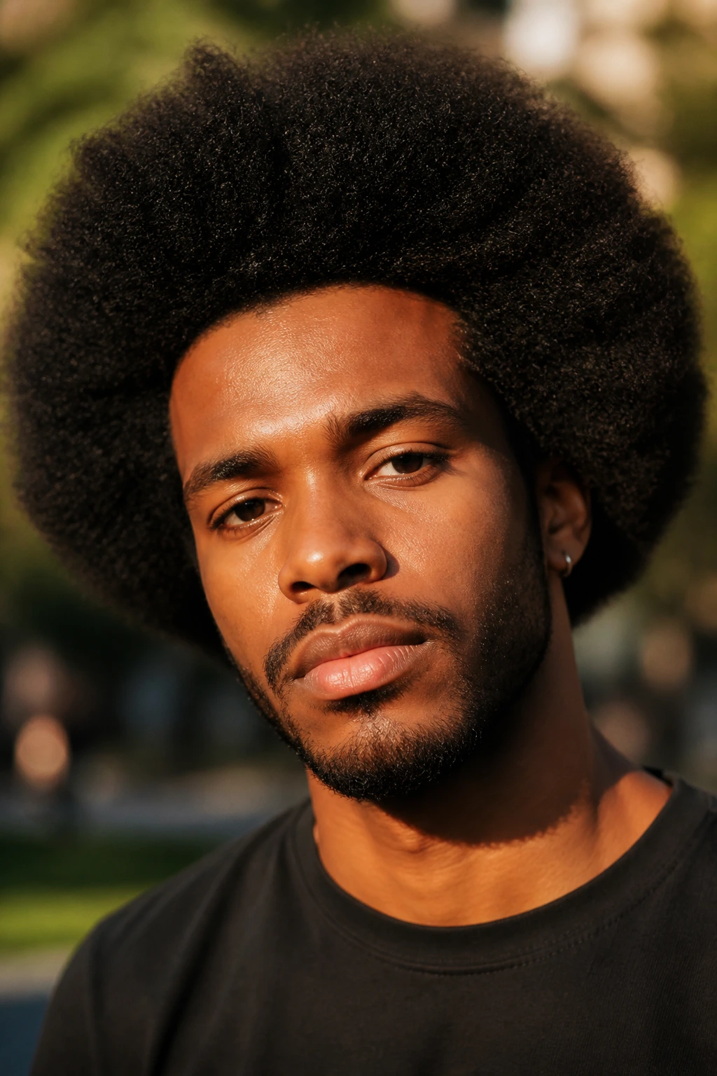 Close-up portrait of a person with a rounded, voluminous afro
