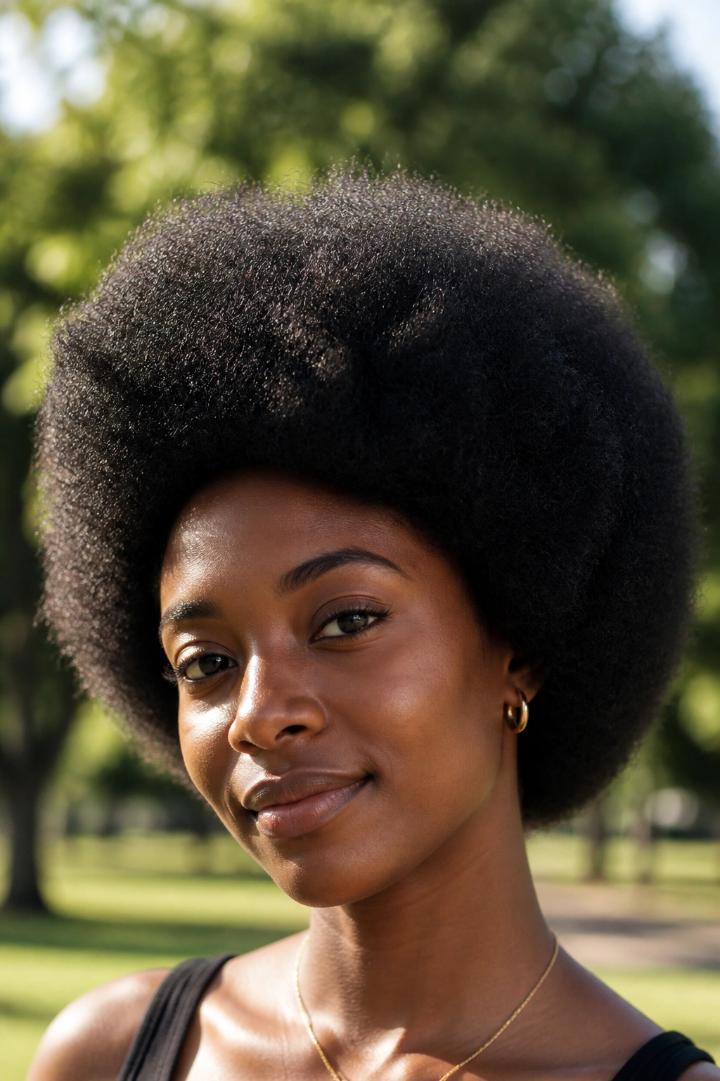 Portrait of a woman with a voluminous afro outdoors in a park.