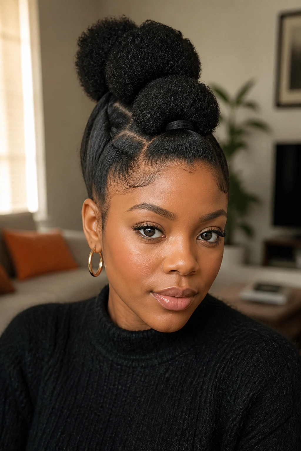 Close-up portrait of a real Black woman with center afro-puff frohawk