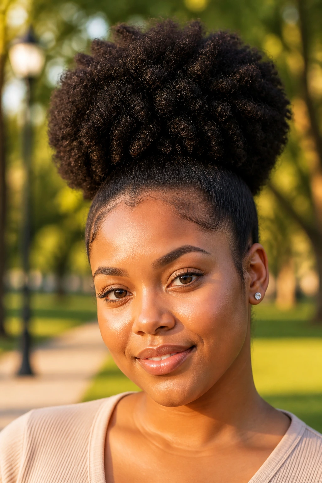 Close-up of a real woman with a tall rounded afro puff at the crown.