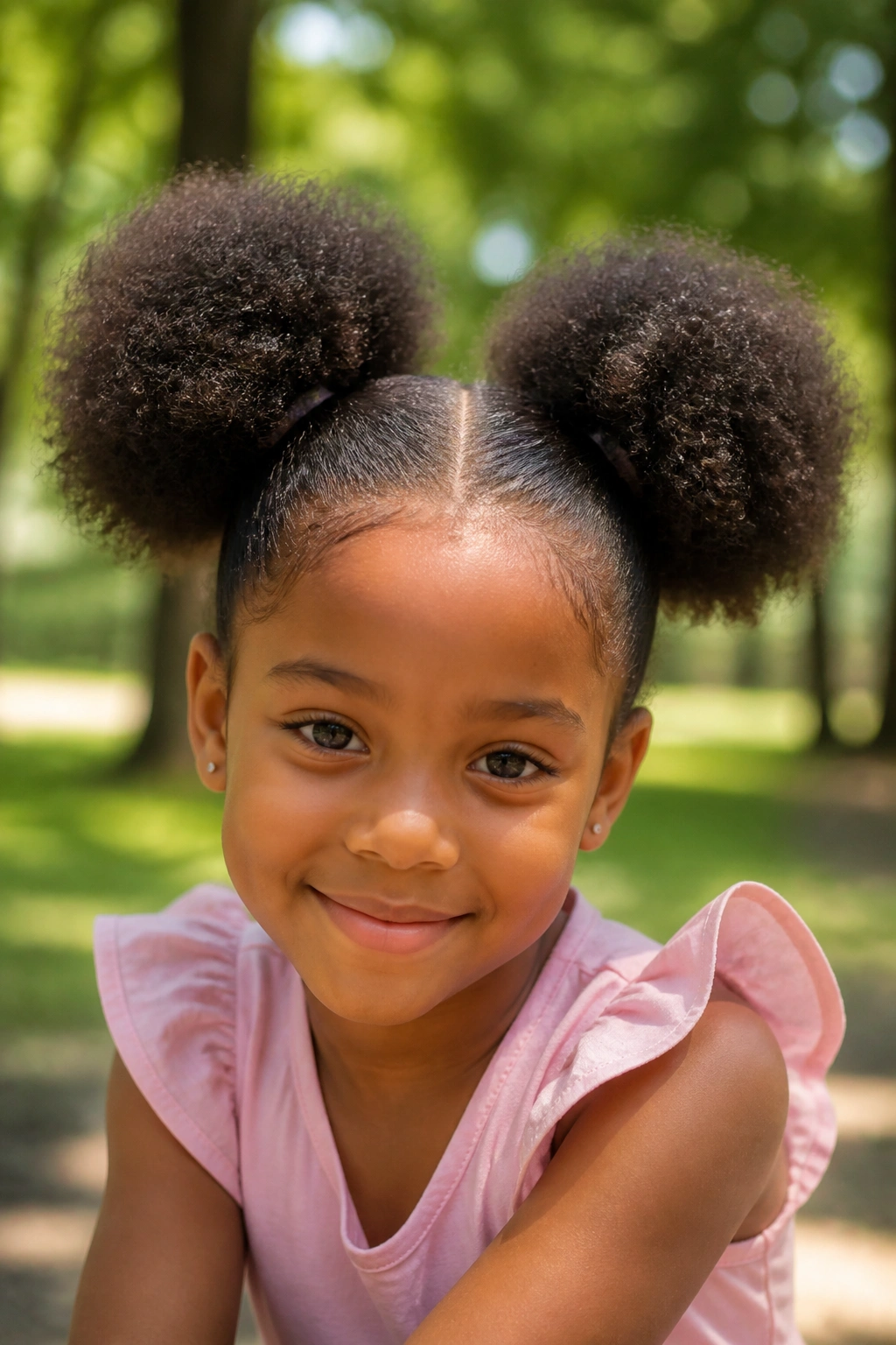 Close-up of a real girl with two high afro puffs in a sunlit park