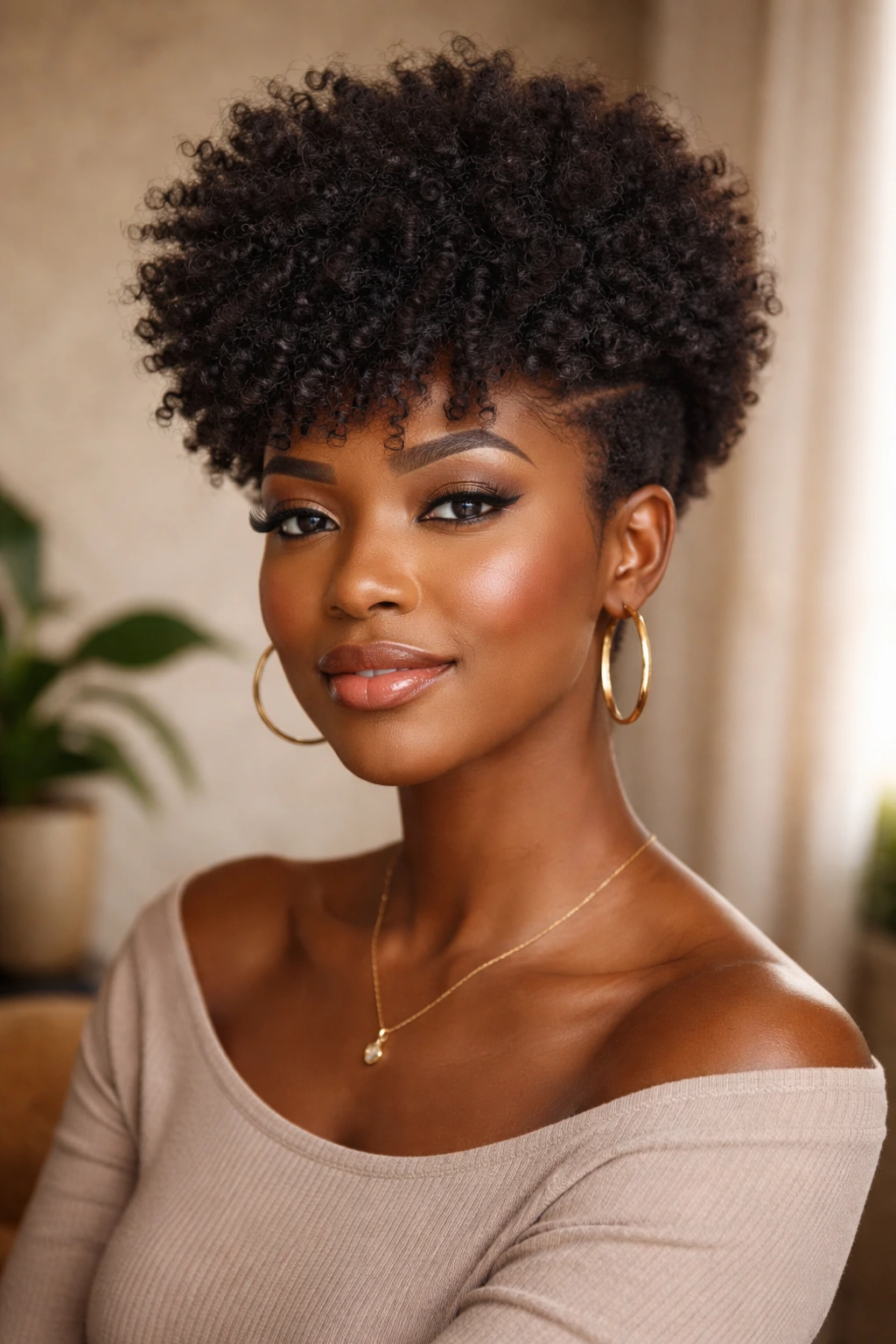 Close-up of voluminous Afro-textured short cut on a real person with oval silhouette.