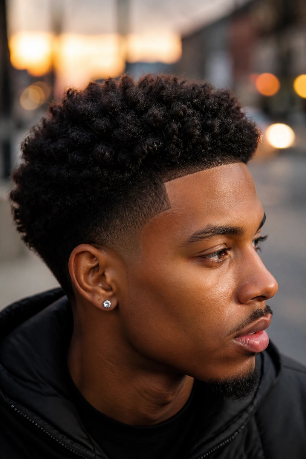Close-up portrait of a man with an Afro taper haircut showing tapered sides and voluminous top