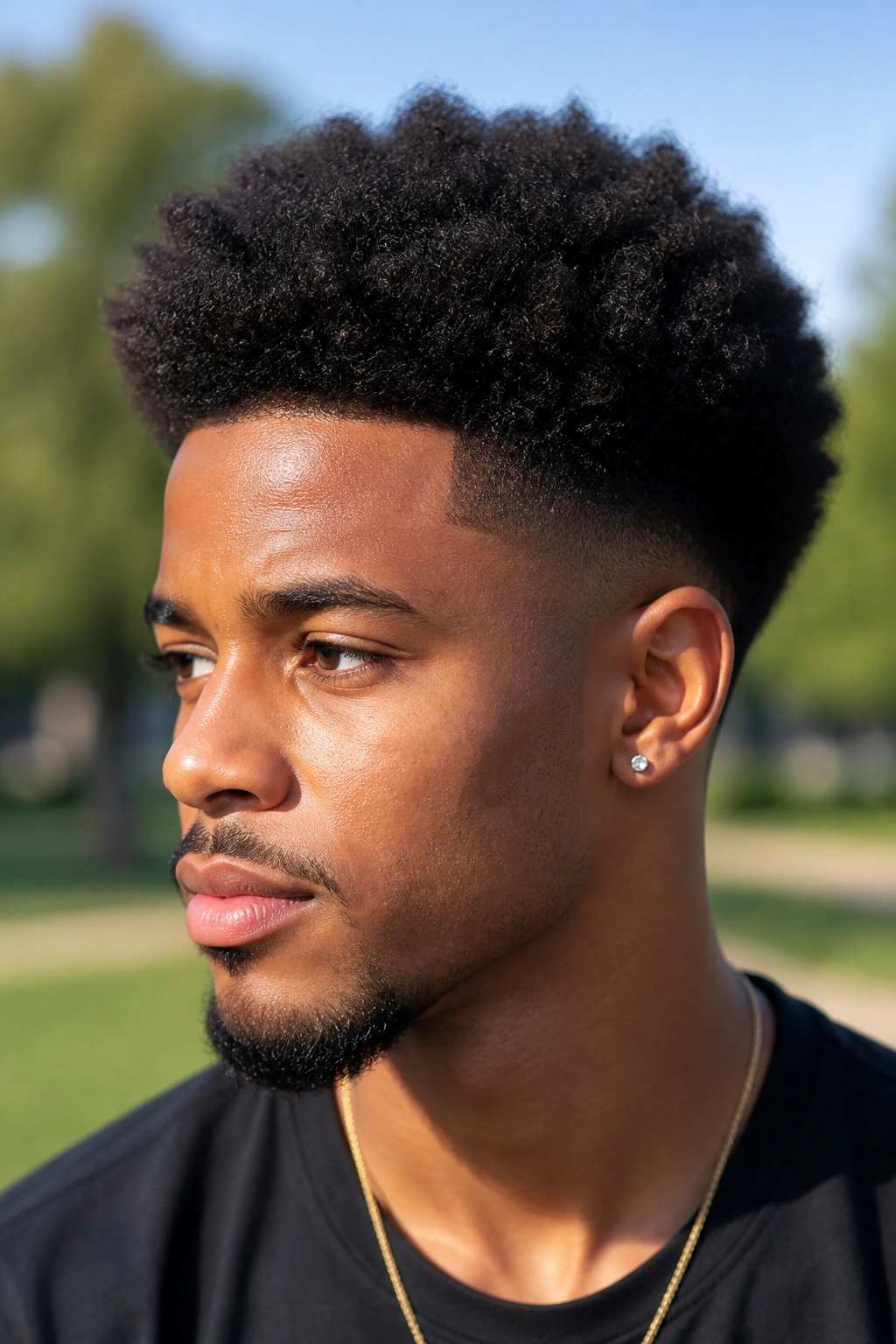 Close-up of man with rounded Afro and temple fade in a park