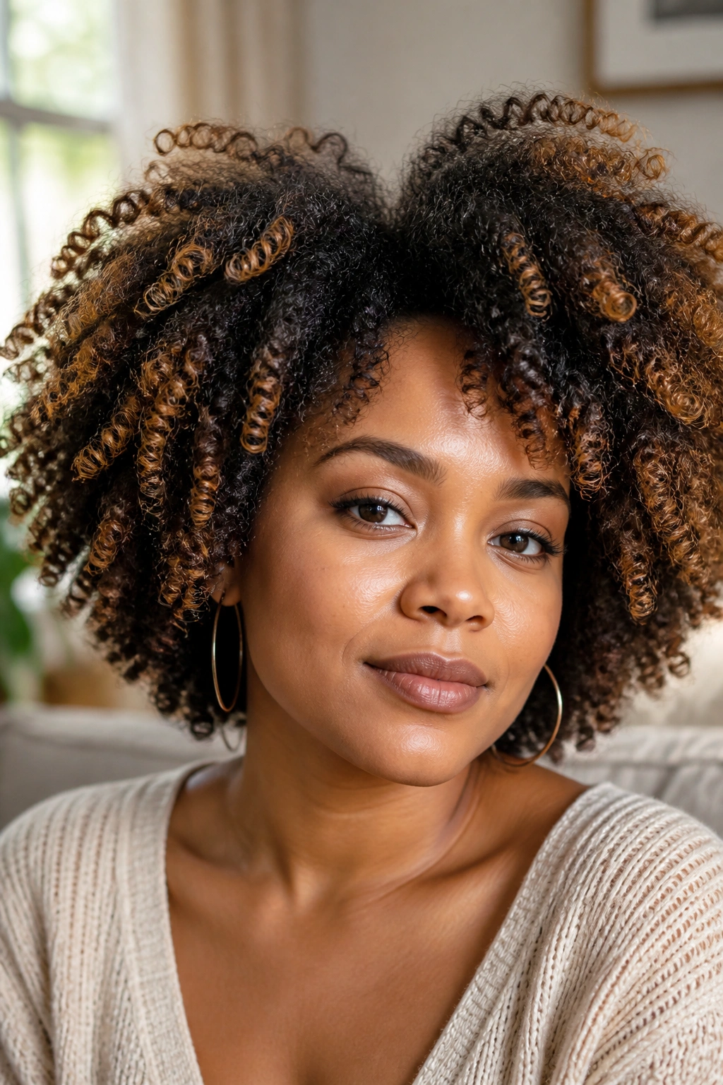 Close-up of a woman with soft caramel layers on outer Afro curls