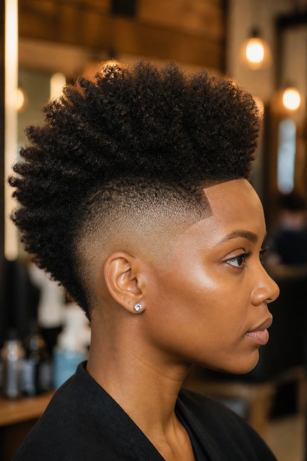 Close-up portrait of a real woman with Afro-textured Mohawk and fade