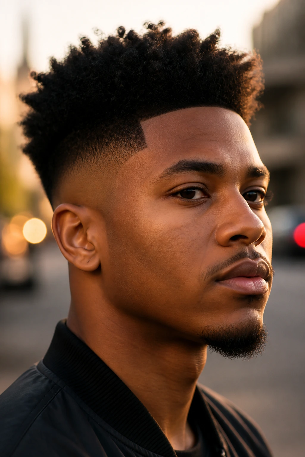 Close-up portrait of a man with an Afro Undercut outdoors during golden hour