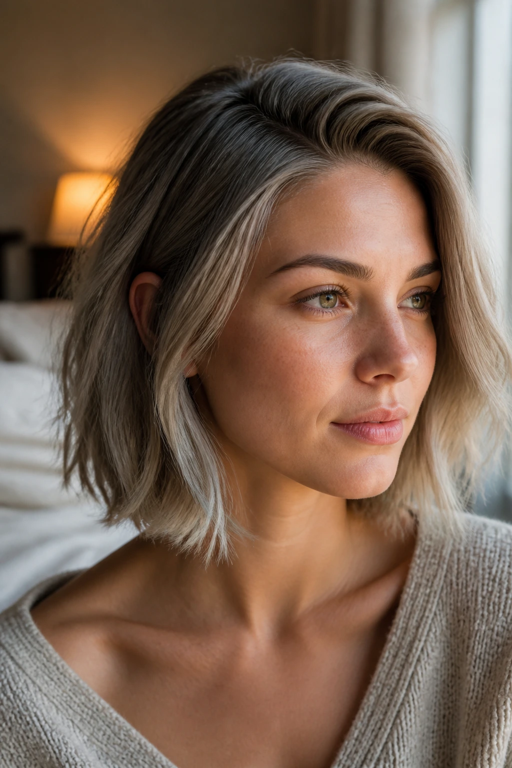 Real woman with air-dried ash bob showing natural bend