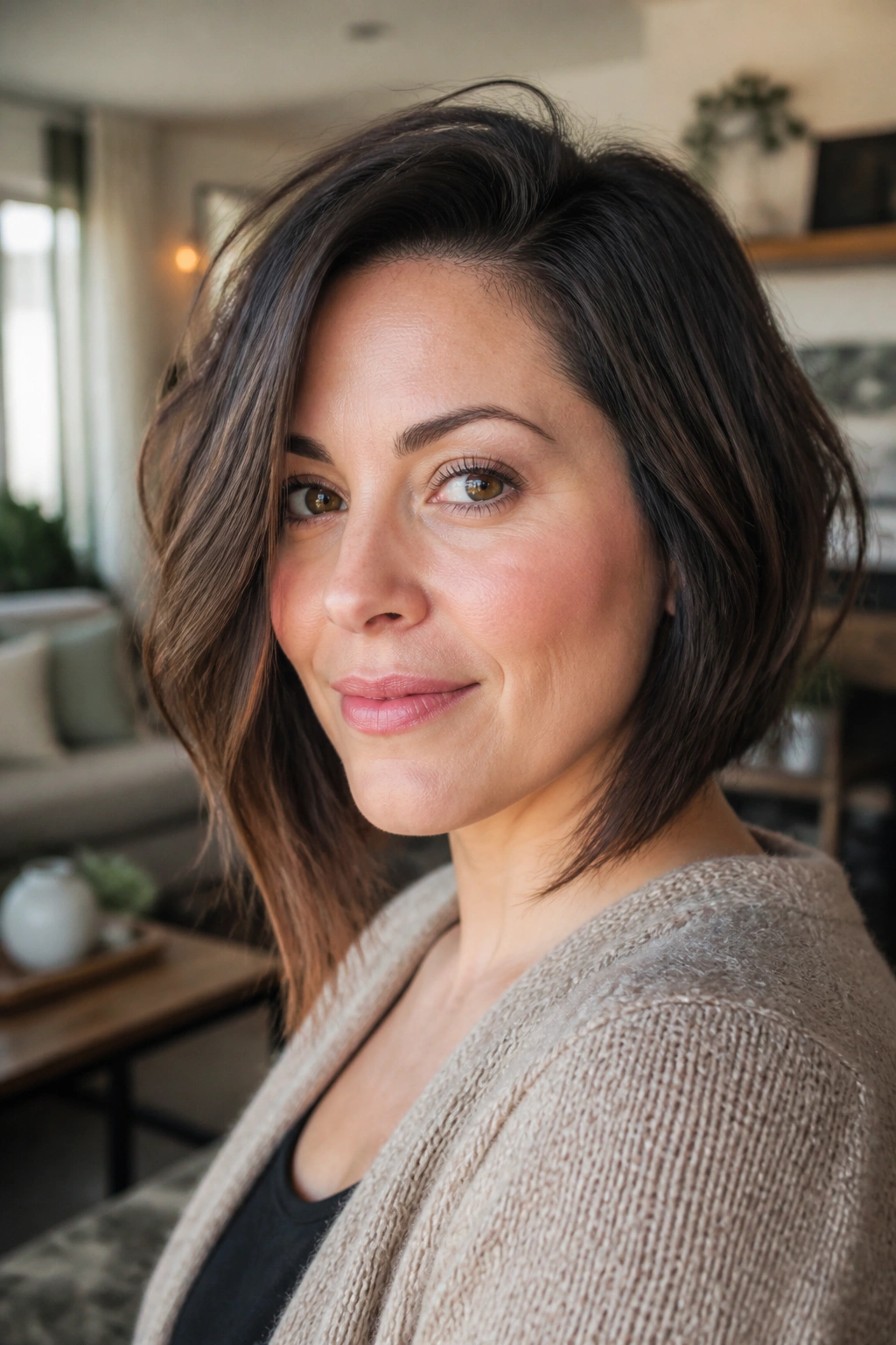 Real woman with air-dried asymmetrical bob in a cozy daylight setting
