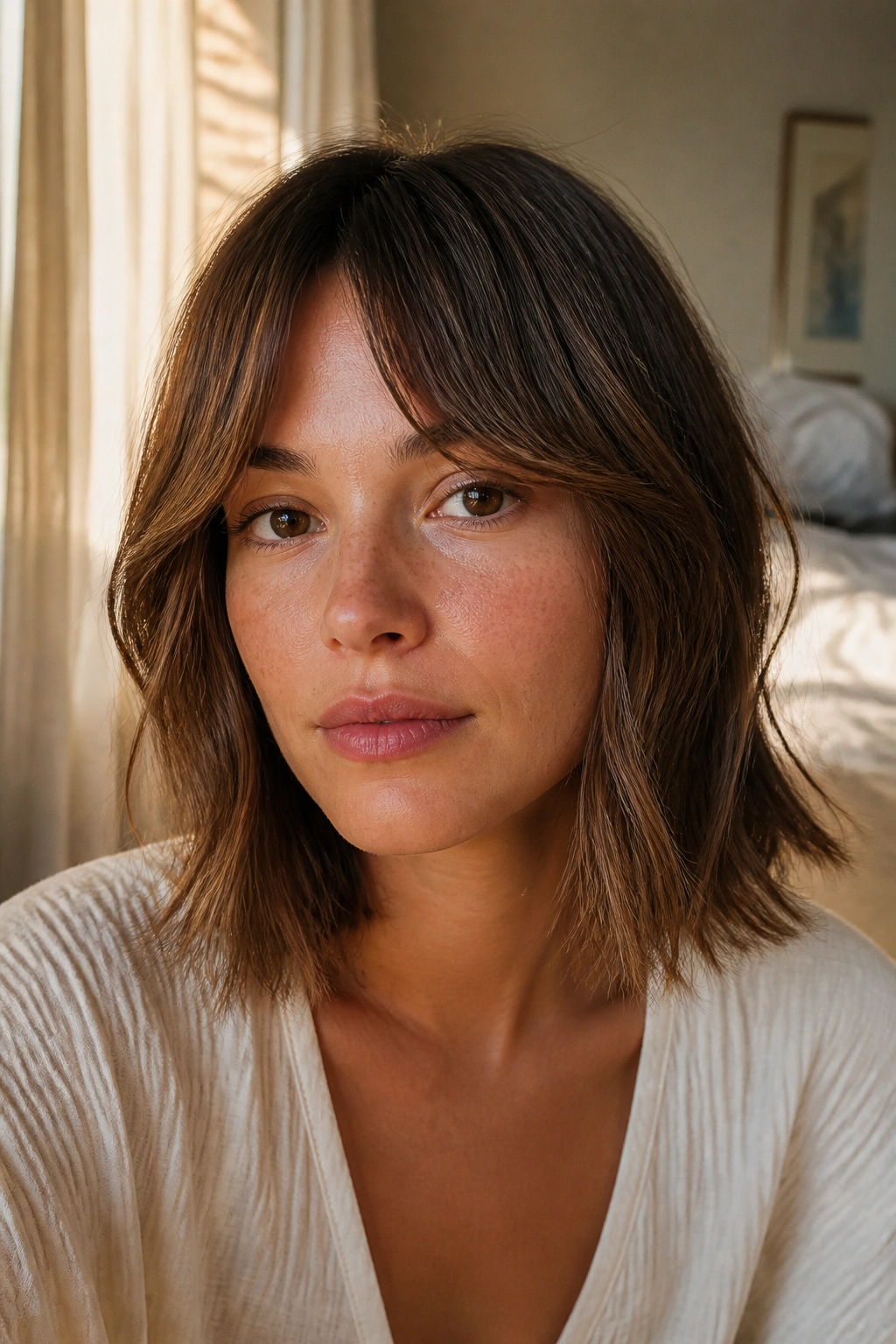 Close-up of a real woman with a shoulder-length lob and inverted bangs in an air-dried texture