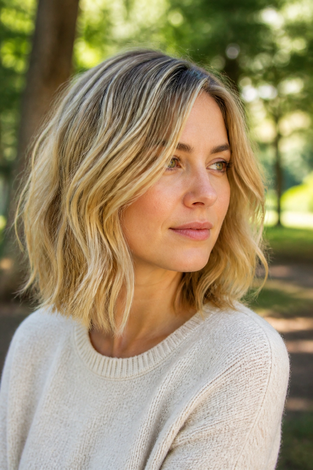 Medium close-up of a real woman with an air-dried blond lob and natural wave.