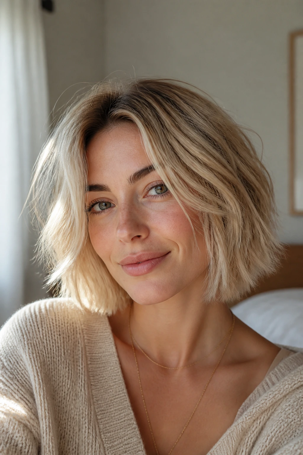 Close-up of a real woman with an air-dried bob and micro layers