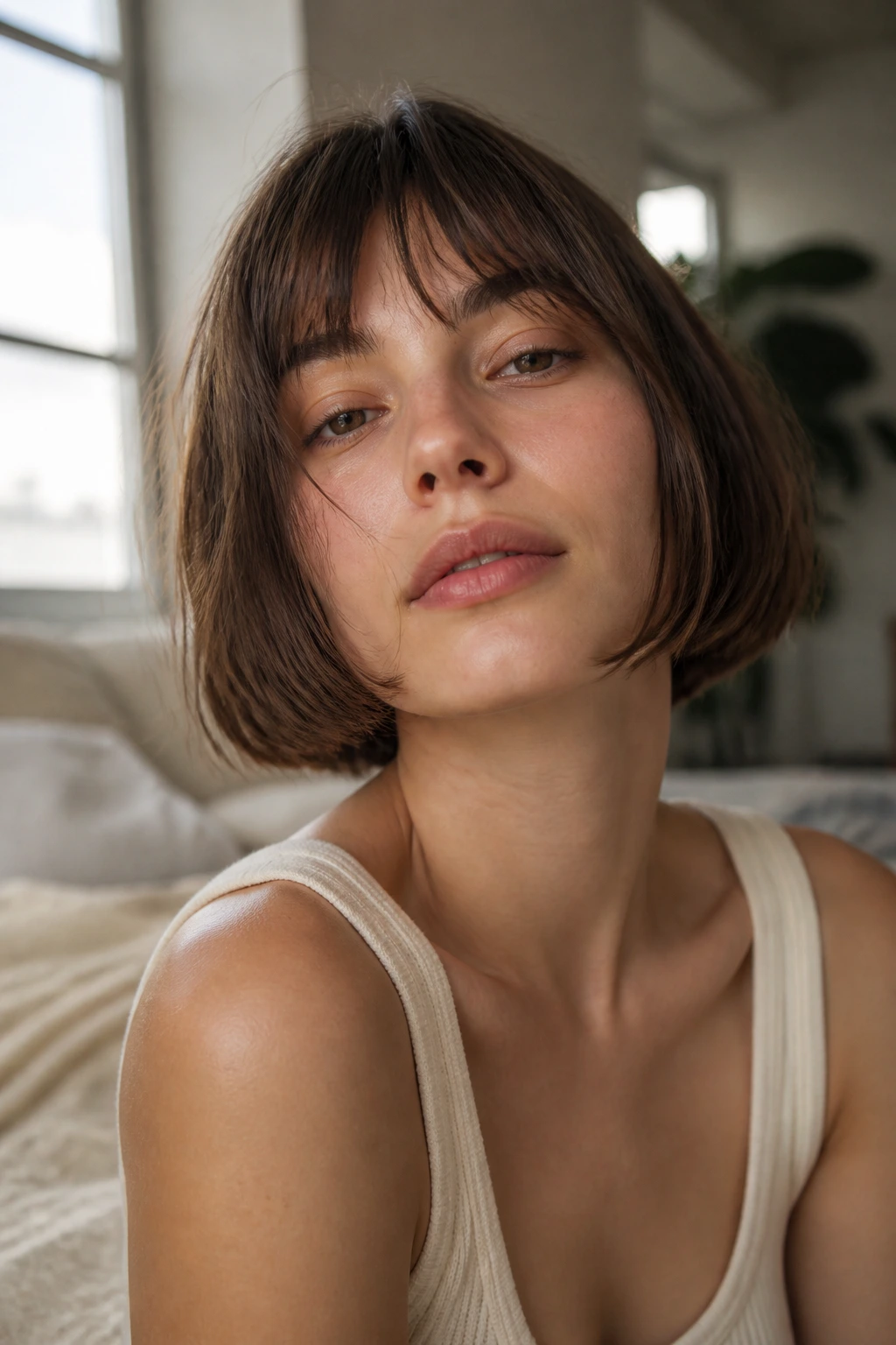 Portrait of a real woman with an air dried French bob and blunt ends in natural light