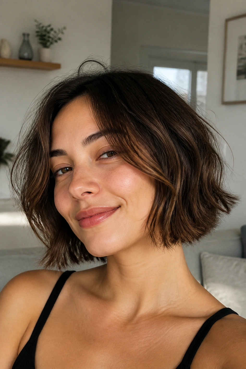Portrait of a real person with an air-dried bob and natural bend in a cozy room
