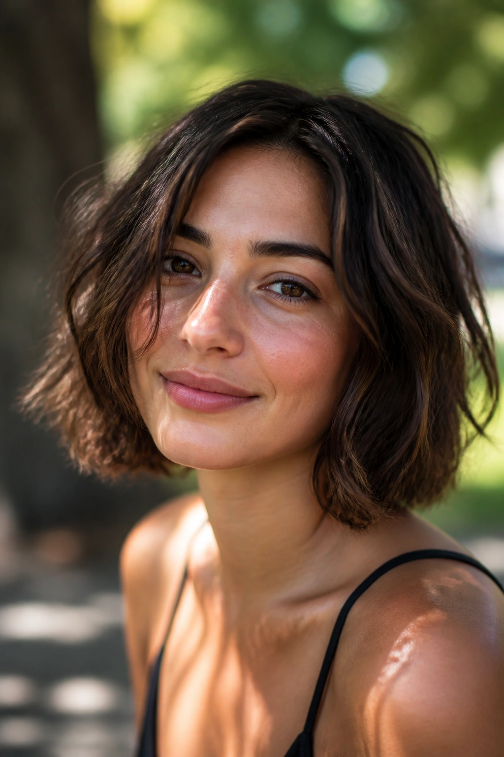 Close-up of a real woman with an air-dried bob and natural waves in a park.