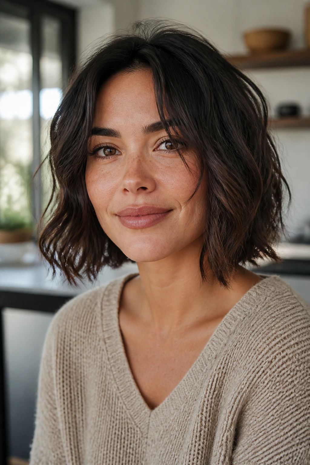 Close-up of a real woman with a low-maintenance air-dried bob for round faces.