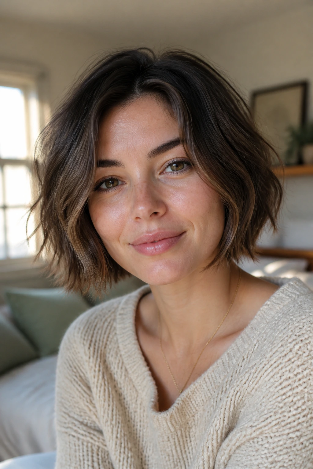 Close-up portrait of a real woman with a natural textured air-dried bob in soft morning light