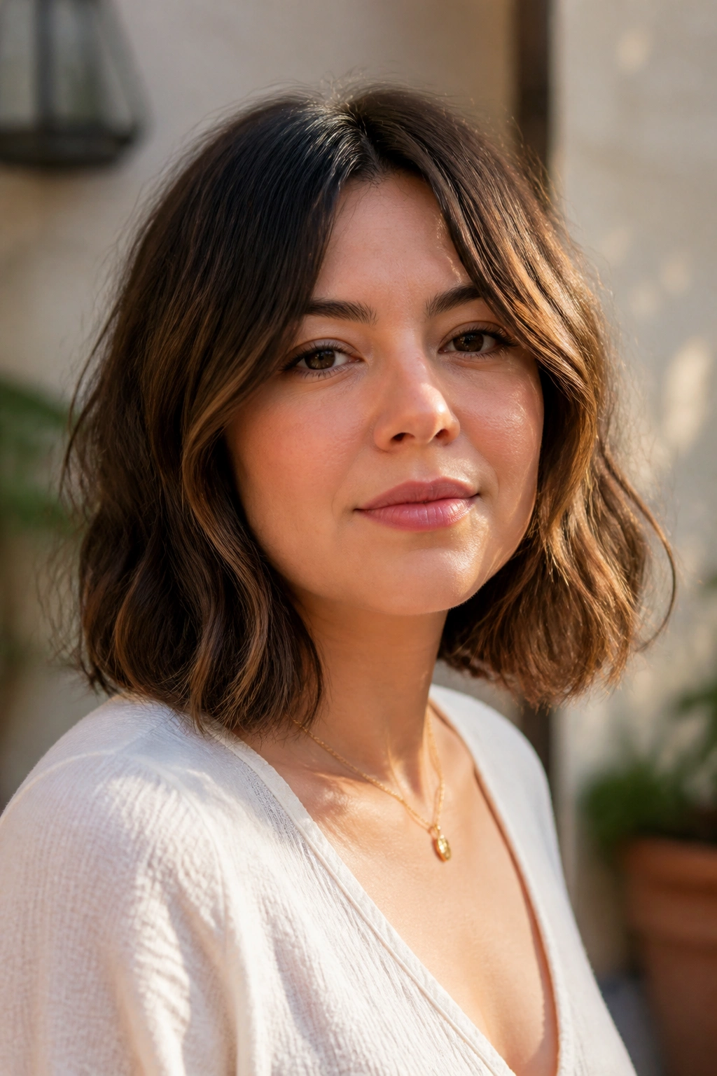 Real woman with air-dried choppy lob and natural waves in sunlight