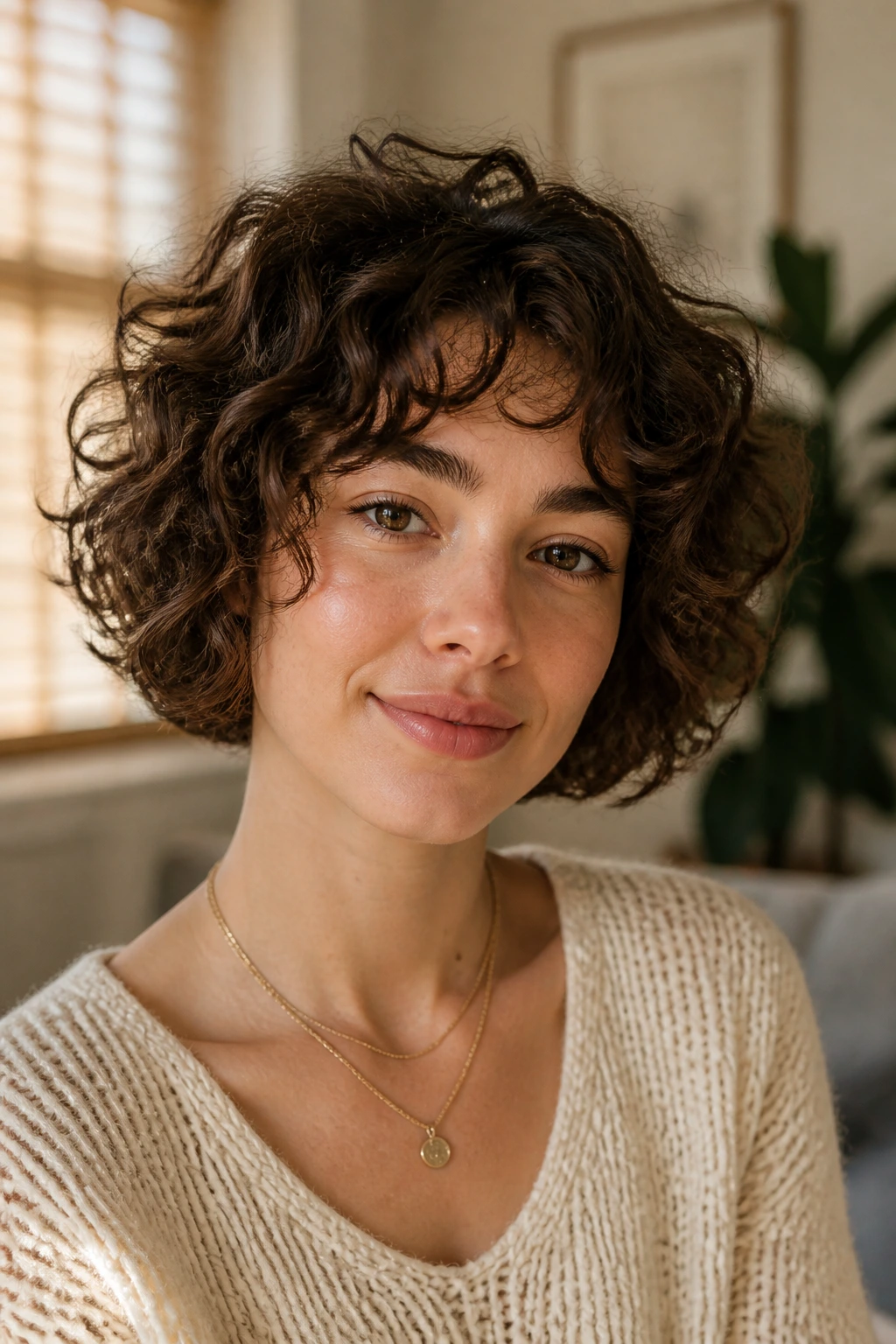 Real woman with air-dried curly bob in a warm daylight living room.