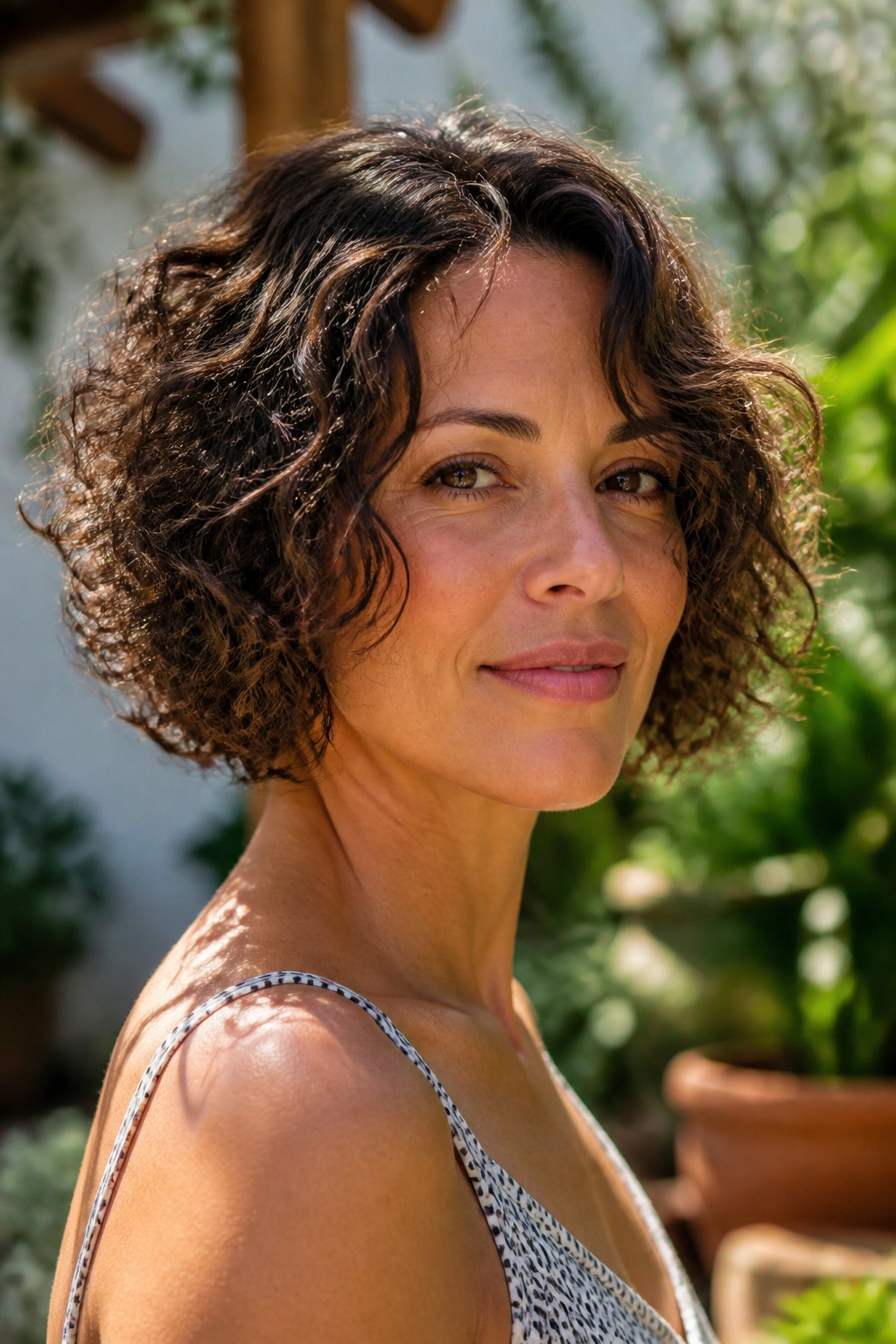 Close-up of a real person with an air-dried curly bob.